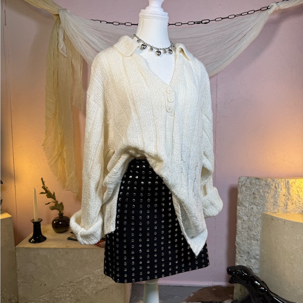 Vintage Oversized Cream Knit Henley Sweater XL Slouchy Cozy